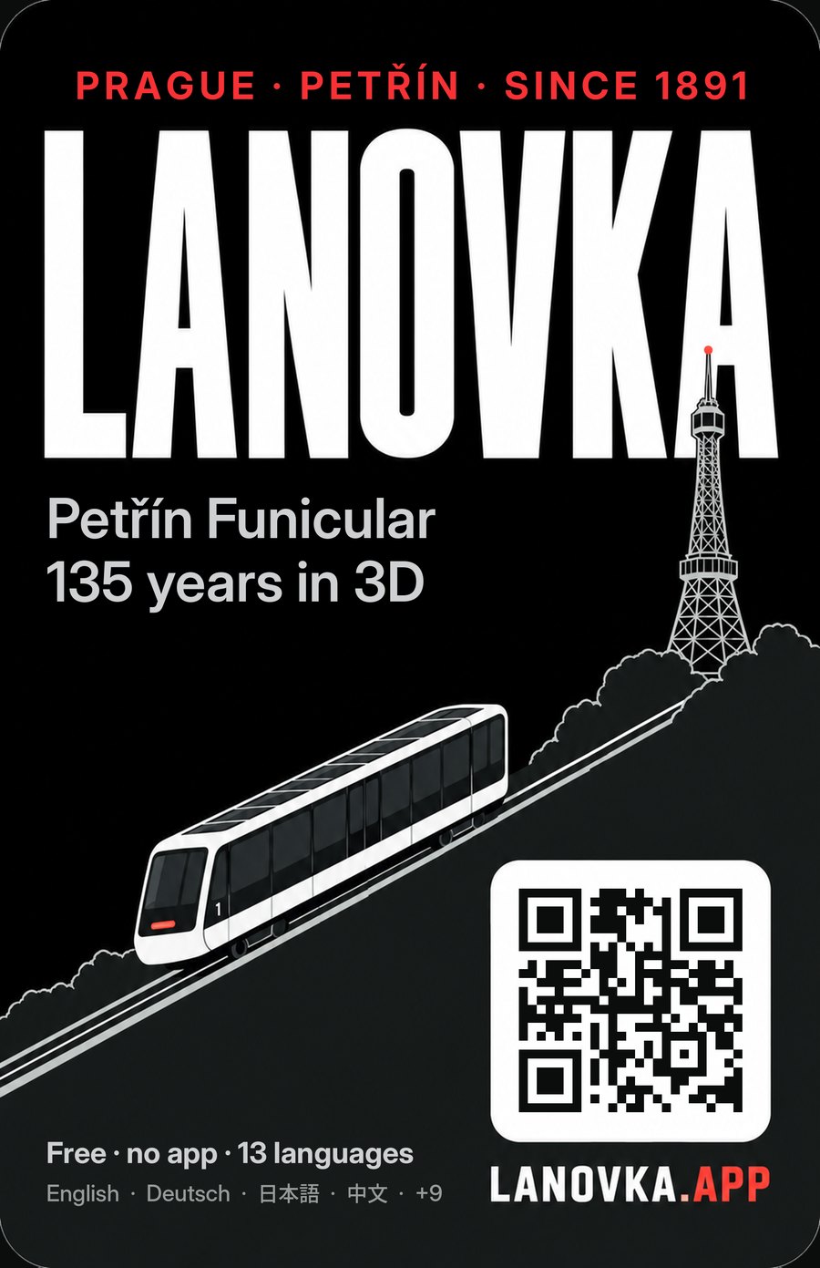 Samolepka karta: nápis LANOVKA, vůz 2026 na trati, rozhledna a QR kód na lanovka.app